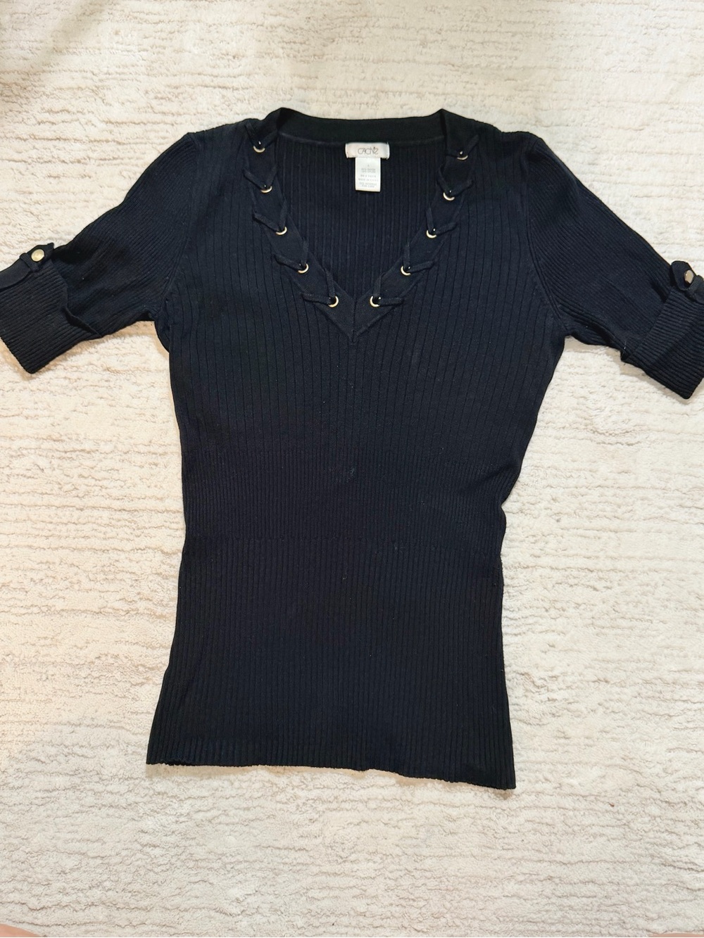 Cache Black Ribbed V-Neck Short Sleeve Top with Grommet Detail